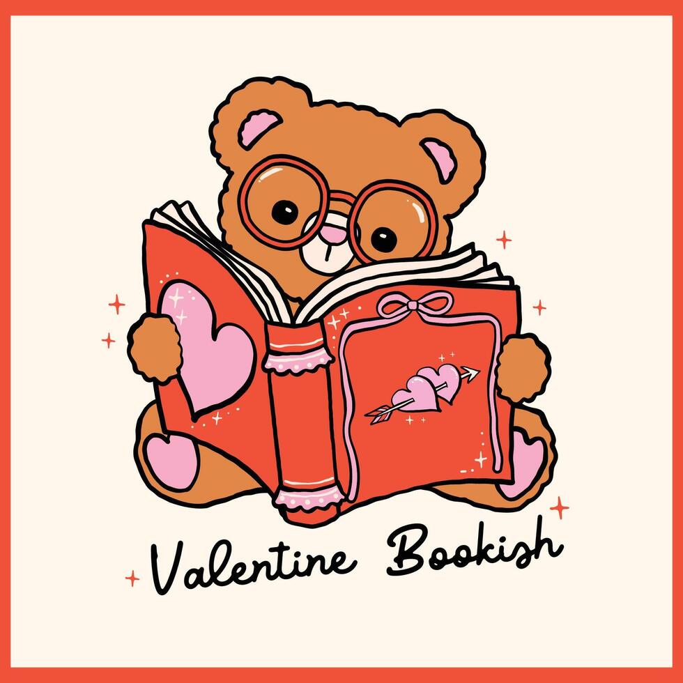 Retro Valentine Bookish Teddy Bear Reading Book Whimsical Bold Lined Hand Drawn vector