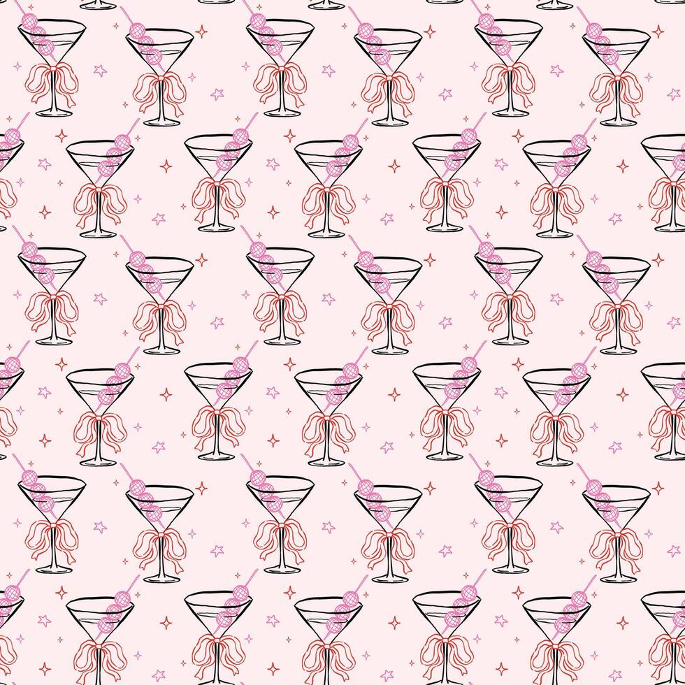 Whimsical Seamless Pattern Martini Glass with Bow and Disco Ball Olive Hand Drawn Retro Isolated on Background vector