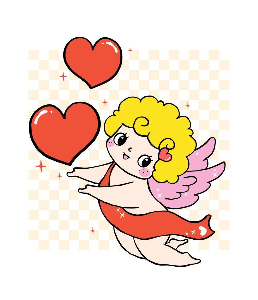 Retro Cute Cupid with Hearts in a Wavy Hand Drawn Whimsical Bold Line Style vector