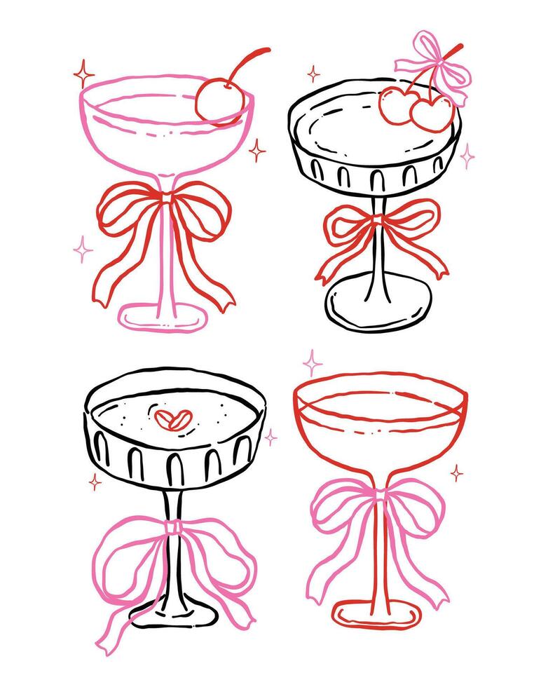 Set of Whimsical Martini Glasses with Bow and cherries Heart Outline Playful Hand Drawn Groovy Retro vector