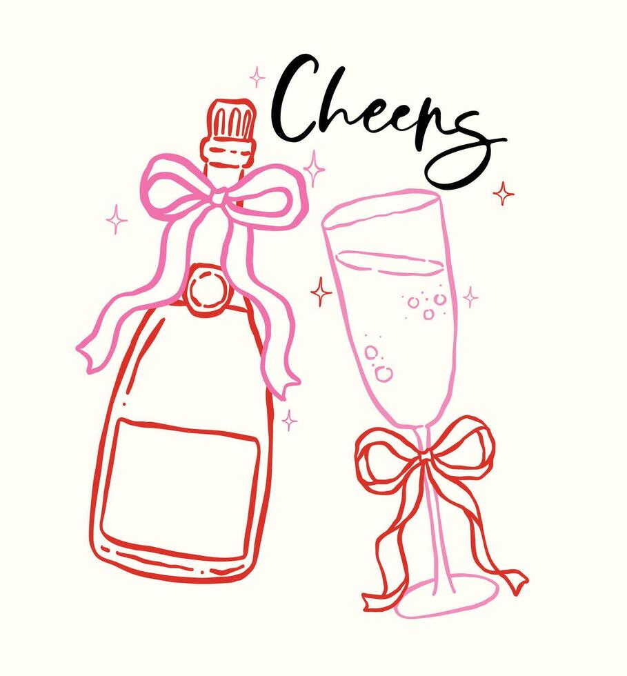 Whimsical Hand Drawn Champagne Bottle and Flute Glass with Bow Retro Style vector