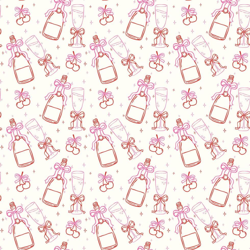 Whimsical Seamless Pattern Champagne Bottle and Flute Glass with Bow Hand Drawn Retro Isolated on Background vector