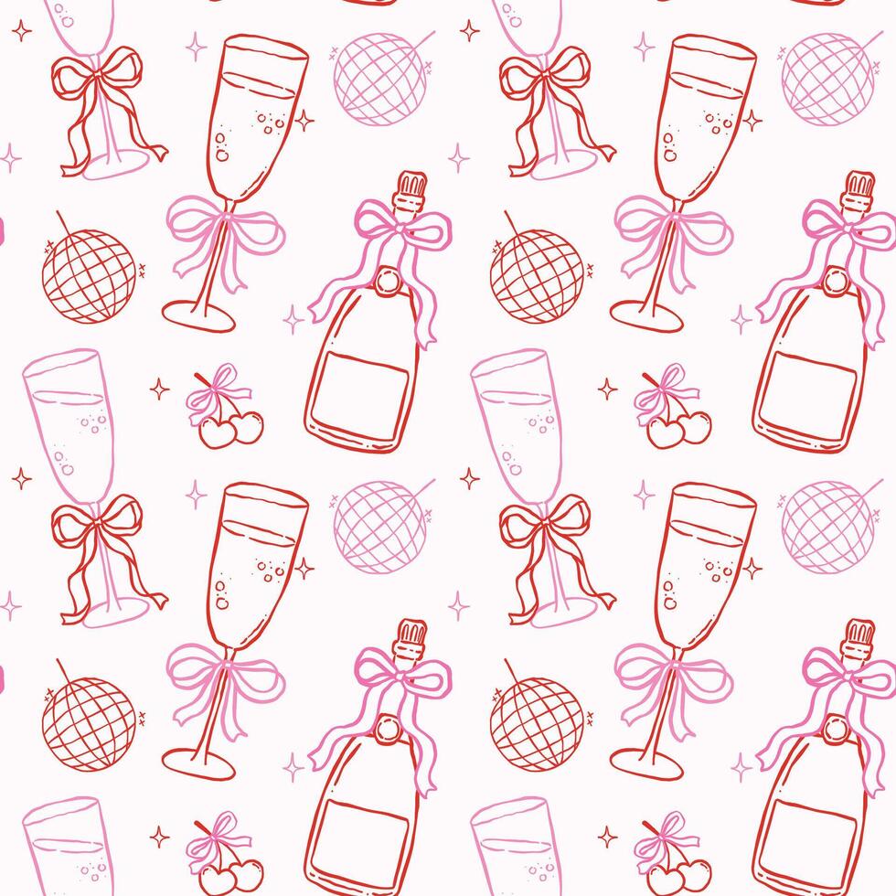 Whimsical Seamless Pattern Champagne Glasses with Bow Hand Drawn Retro Isolated on Background vector
