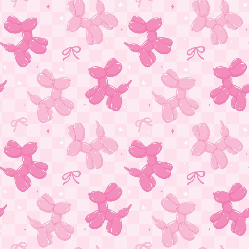 Seamless Pattern Pink Balloon Dogs with bow in Vibrant Pastel on checkered pattern isolated vector