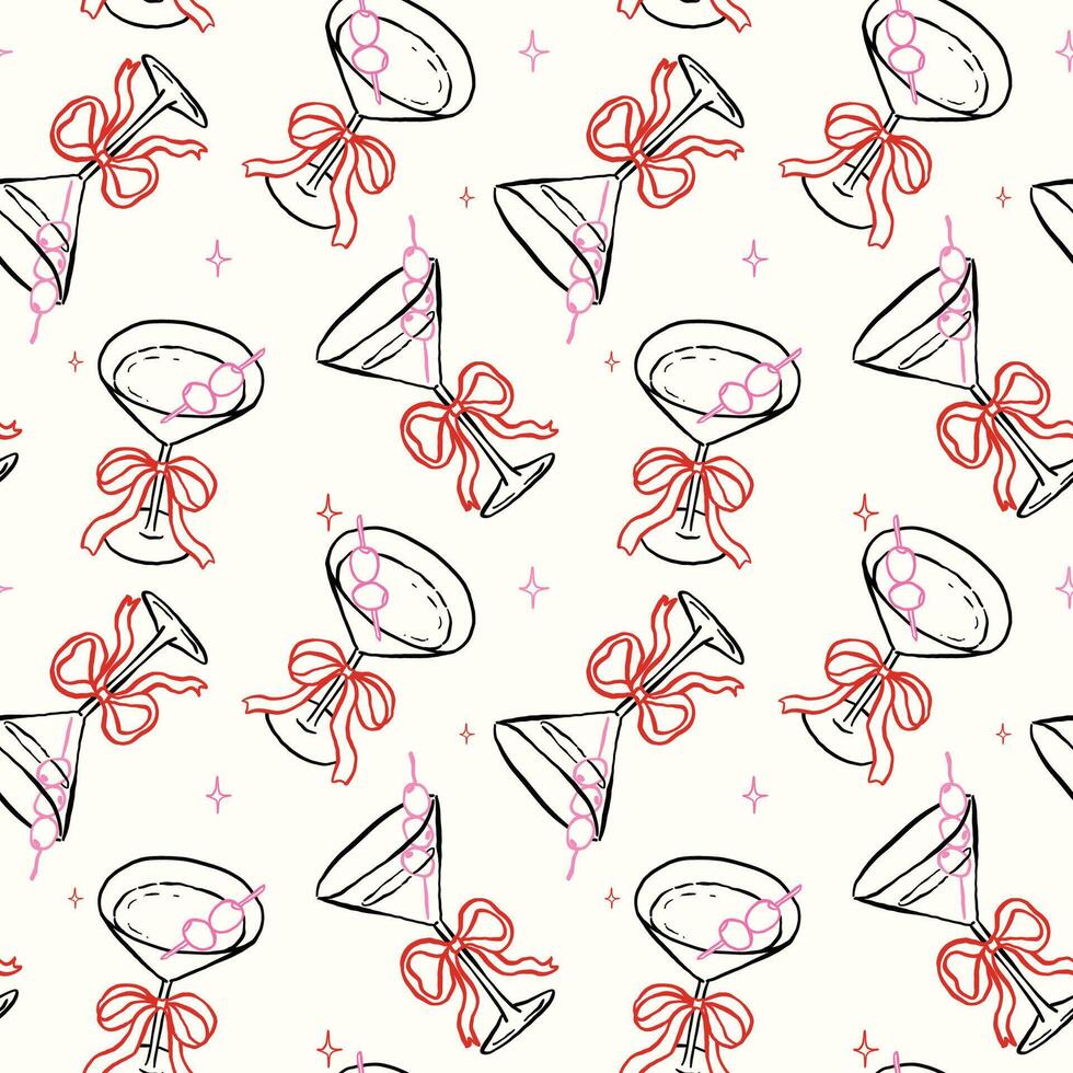 Whimsical Seamless Pattern Coquette Martini Glass with Bow and Olive Hand Drawn Retro Isolated on Background vector