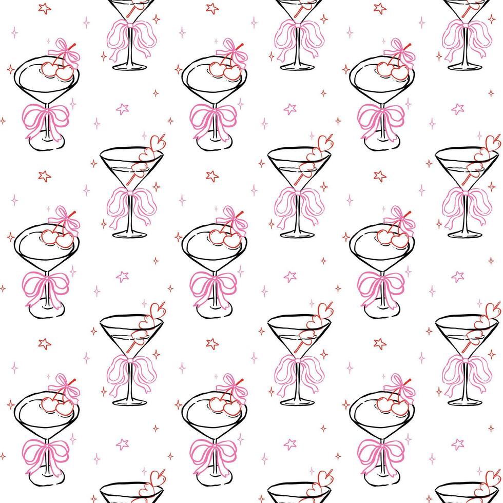 Whimsical Seamless Pattern Girly Martini Glass with Bow and Heart Olive Hand Drawn Retro Isolated on Background vector