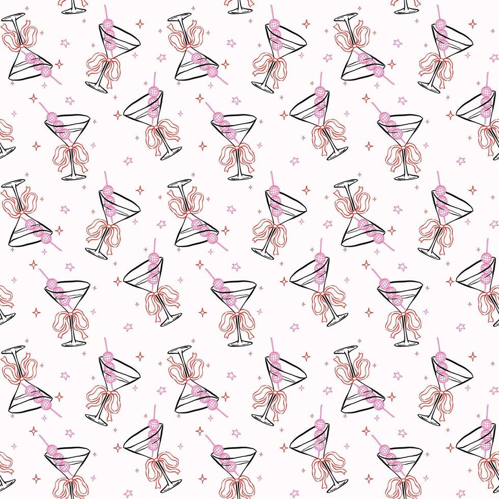Retro Seamless Pattern Disco Ball Olive Martini Glass with Bow Hand Drawn Retro Isolated on Background vector
