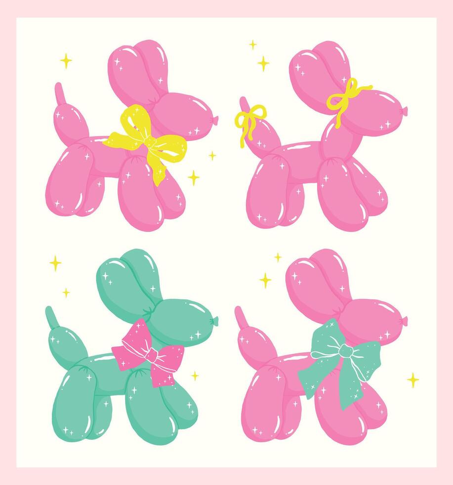 Groovy Coquette Balloon Dog with bow in Bold Vibrant Pastel Minimalist Flat Design set vector
