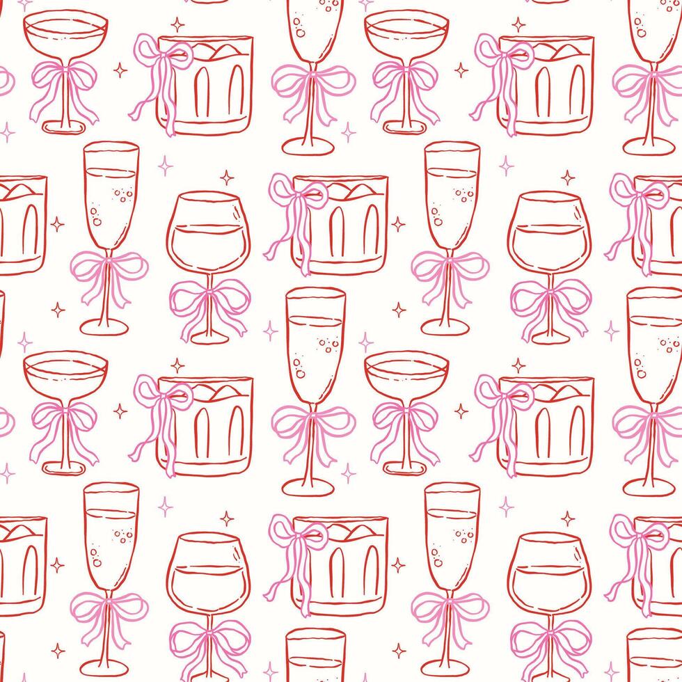 Whimsical Seamless Pattern Cocktail drink Glasses with Bow Hand Drawn Retro Isolated on Background vector