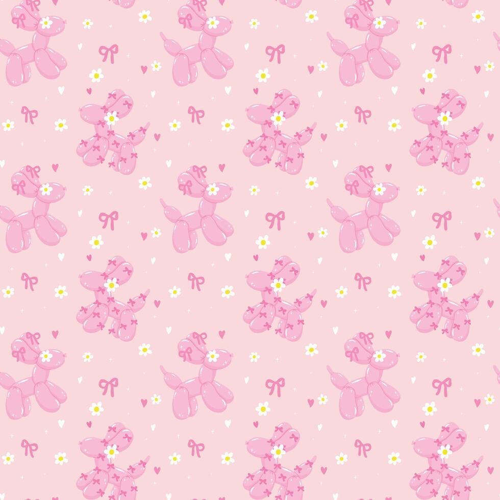 Seamless Pattern Coquette Pink Balloon Dog with bow in Vibrant Pastel isolated on background vector