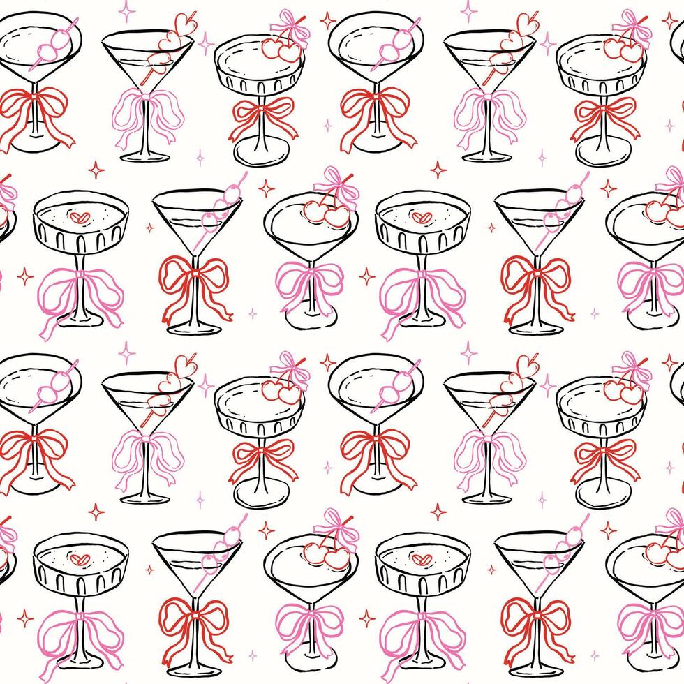 Whimsical Seamless Valentine Cocktail drink Glass with Bow Hand Drawn Retro Isolated on Background vector