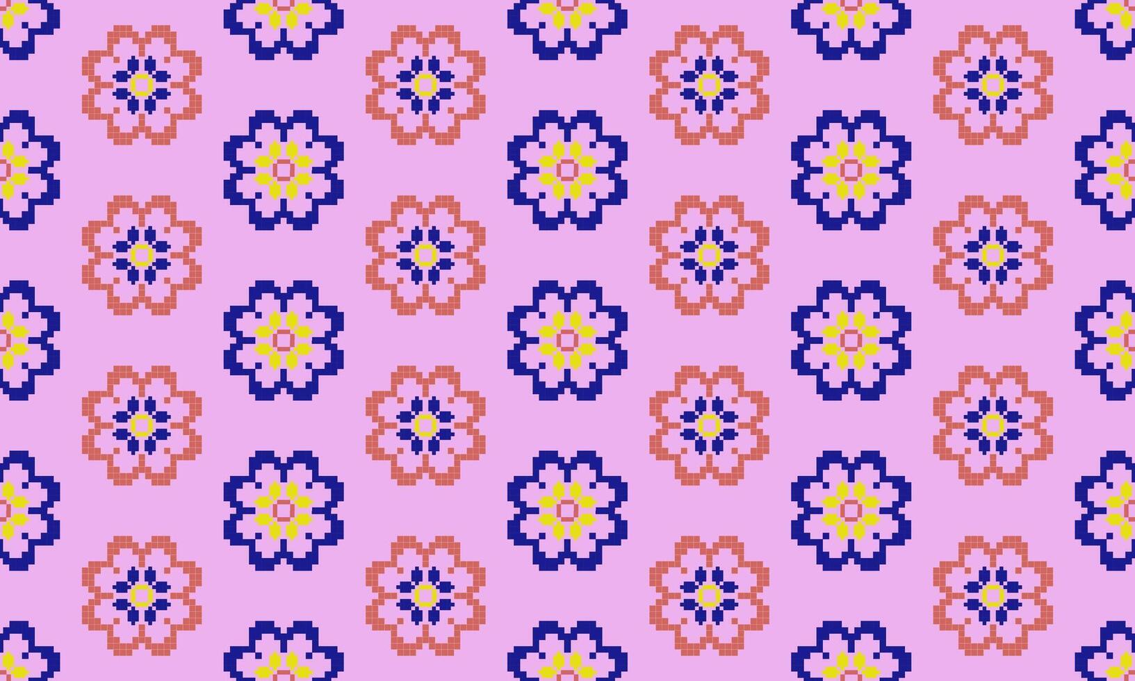a detailed pattern composed of square shape designs with blue and orange flowers on light pink background , design for fabric or various pattern printing works. vector