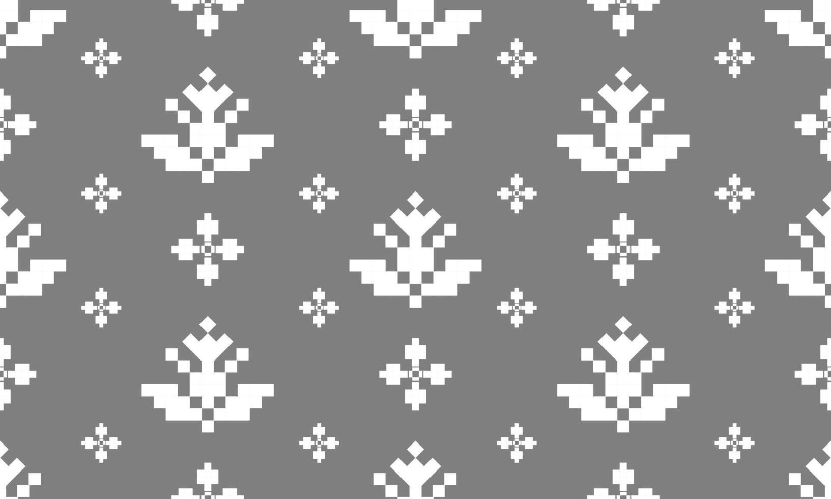 a detailed pattern composed of pixel designs with white flowers square on gray background , design for fabric or various pattern printing works. vector