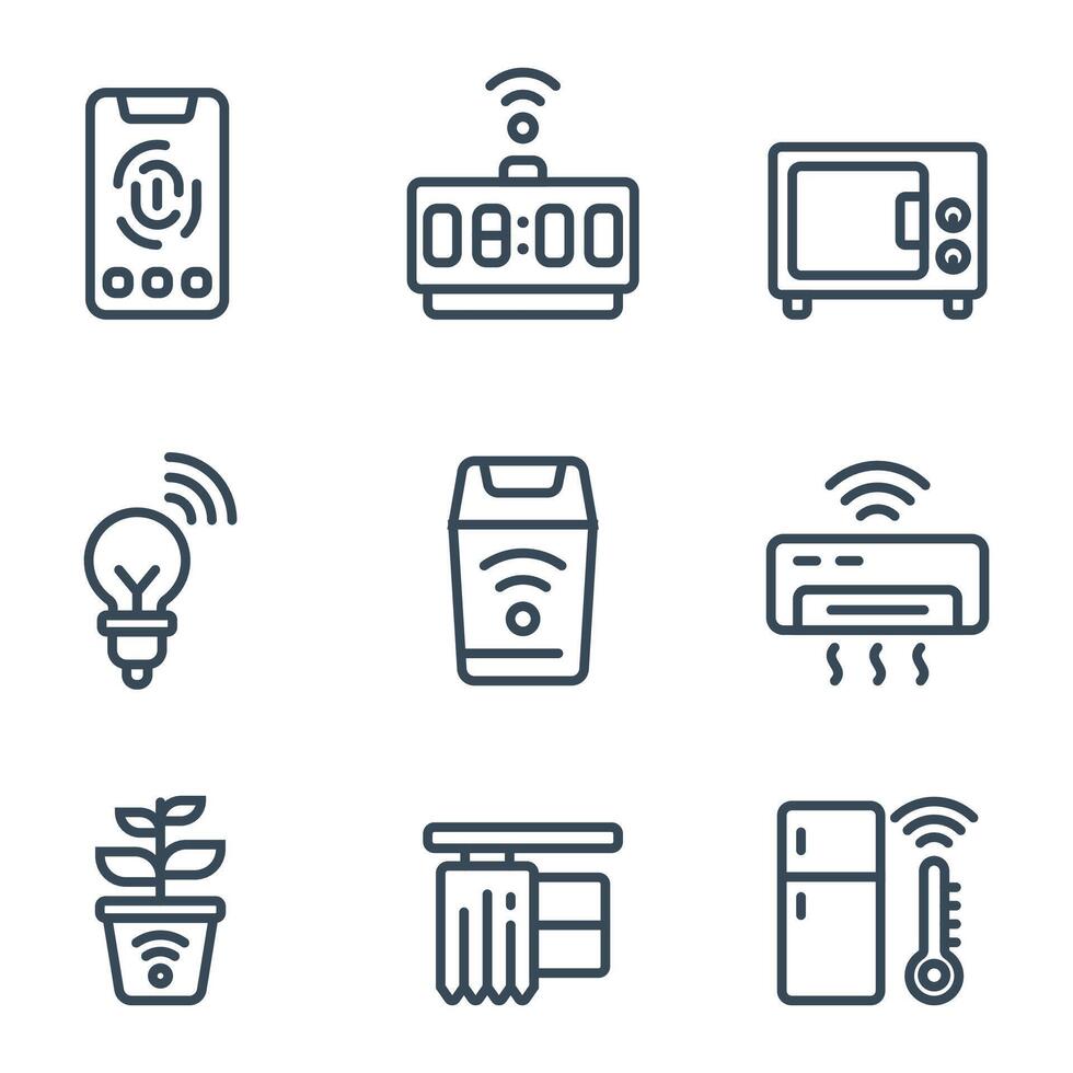 Smart Home Technology Icons for website, apps, stickers, logos. Smart AC, Smart Refrigerator, and Smart Trash. Stroke Editable vector