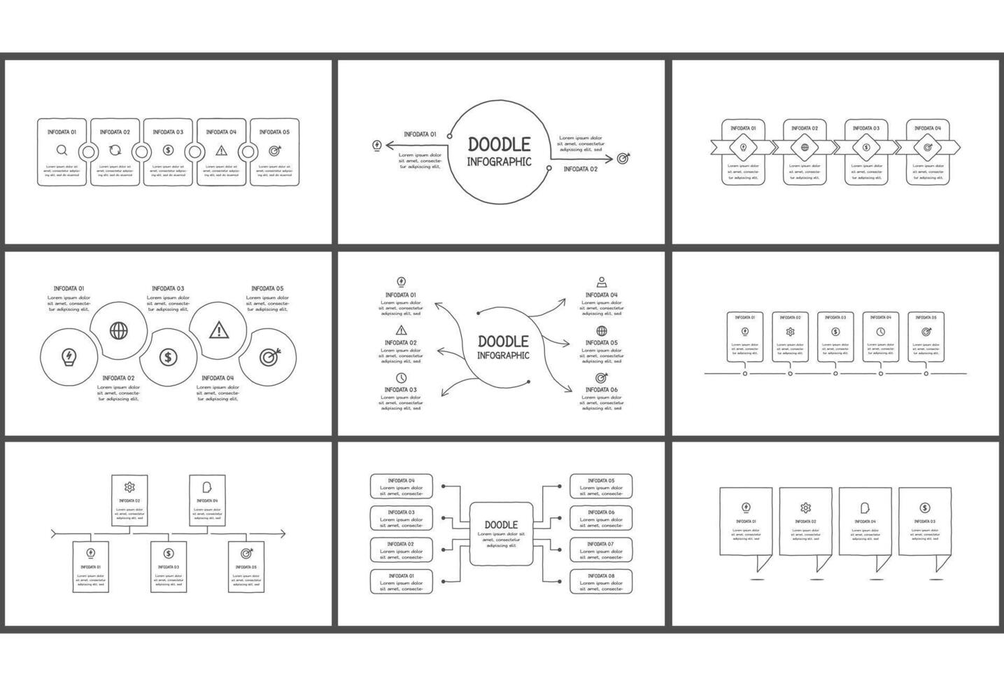Set Doodle concept for infographic with 2, 4, 5, 6, 8 steps, parts or processes. Template for web on a background. vector