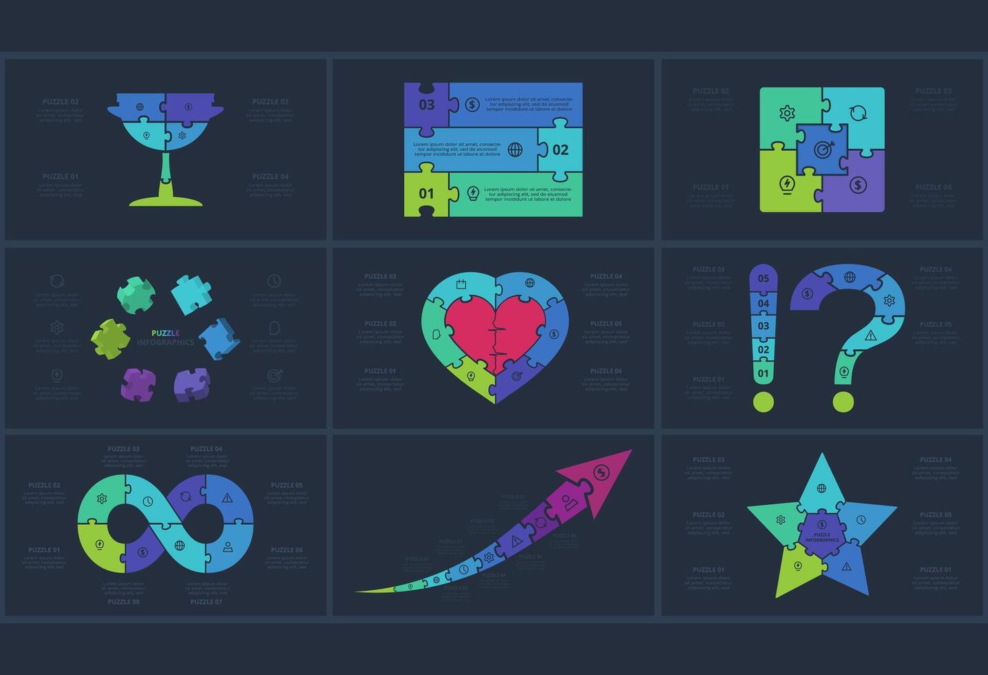 Set puzzle concept for infographic with 3, 4, 5. 6, 8 steps, parts or processes. Template for web on a background. vector