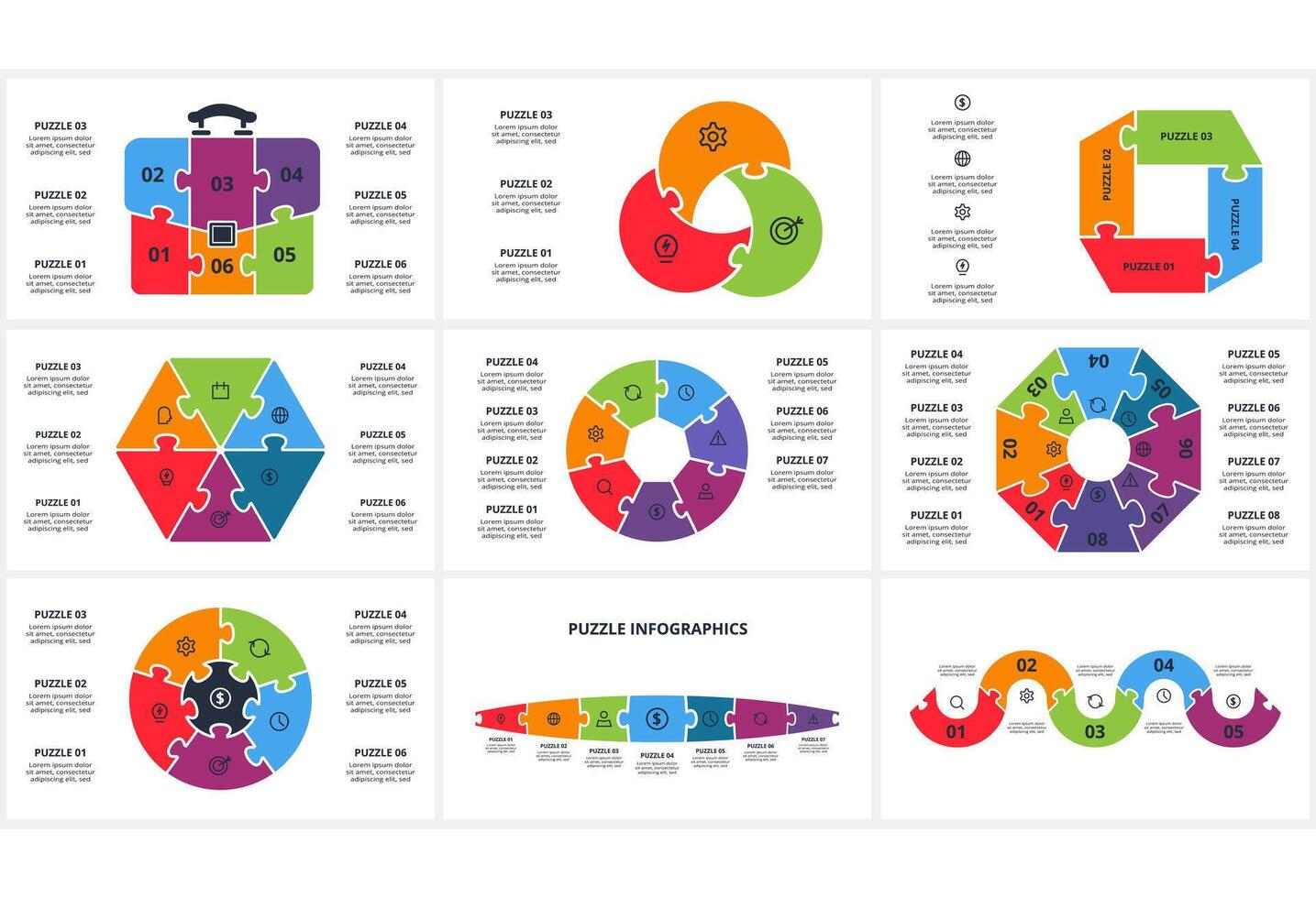 Set creative concept for infographic with 3, 4, 5, 6, 7, 8 steps, options, parts or processes. vector