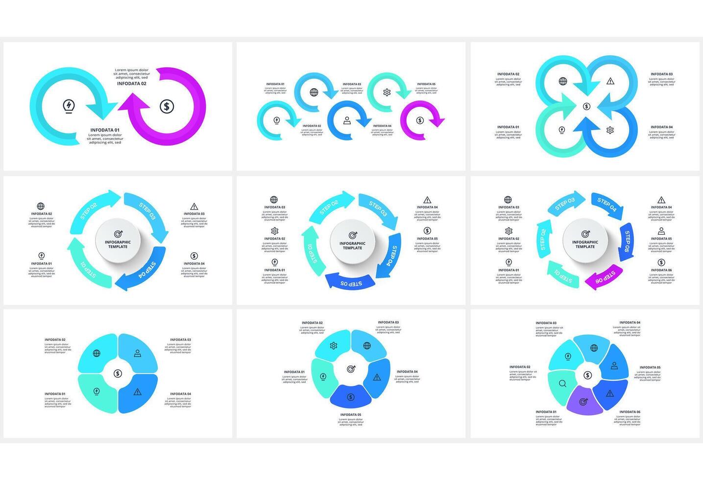 Set creative concept for infographic with 2, 4, 5, 6 steps, options, parts or processes. Business data visualization. vector