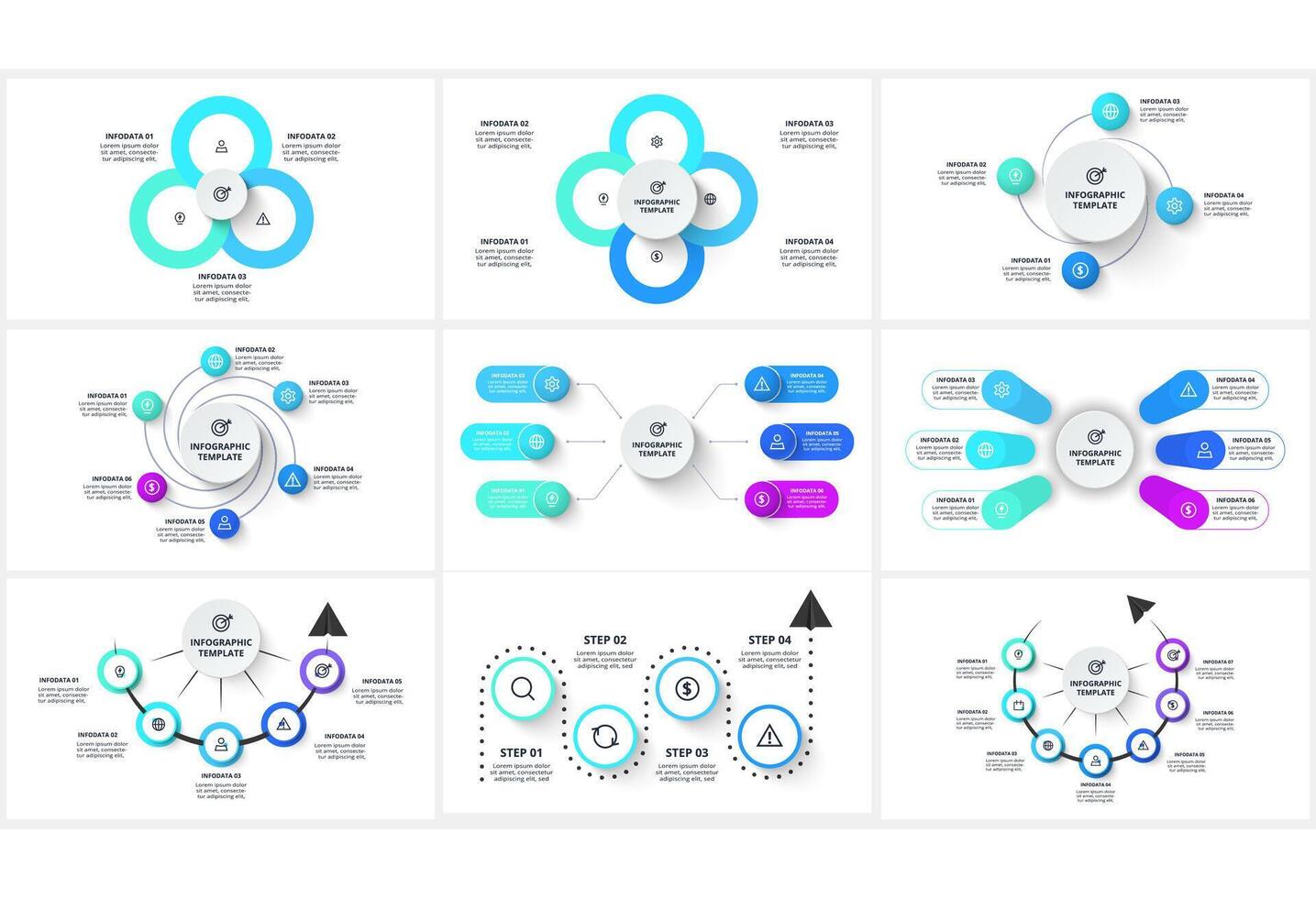 Set creative concept for infographic with 3, 4, 5, 6, 7 steps, options, parts or processes. Business data visualization. vector