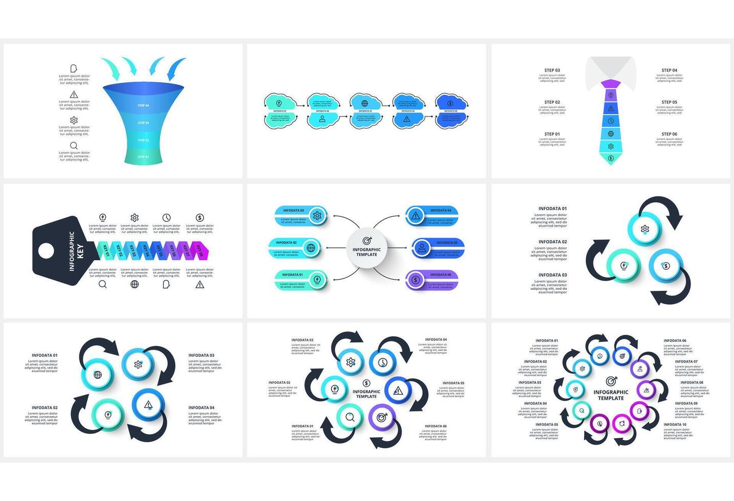 Set creative concept for infographic with 3, 4, 5, 6, 8, 10 steps, options, parts or processes. vector