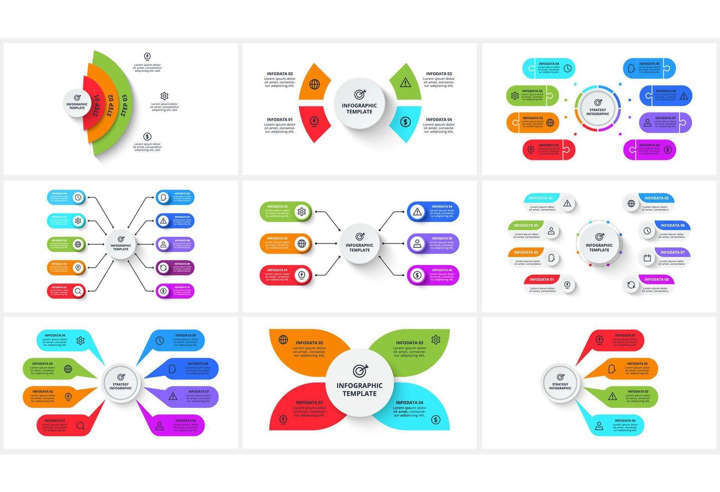 Set creative concept for infographic with 3, 4, 6, 8, 10 steps, options, parts or processes. vector