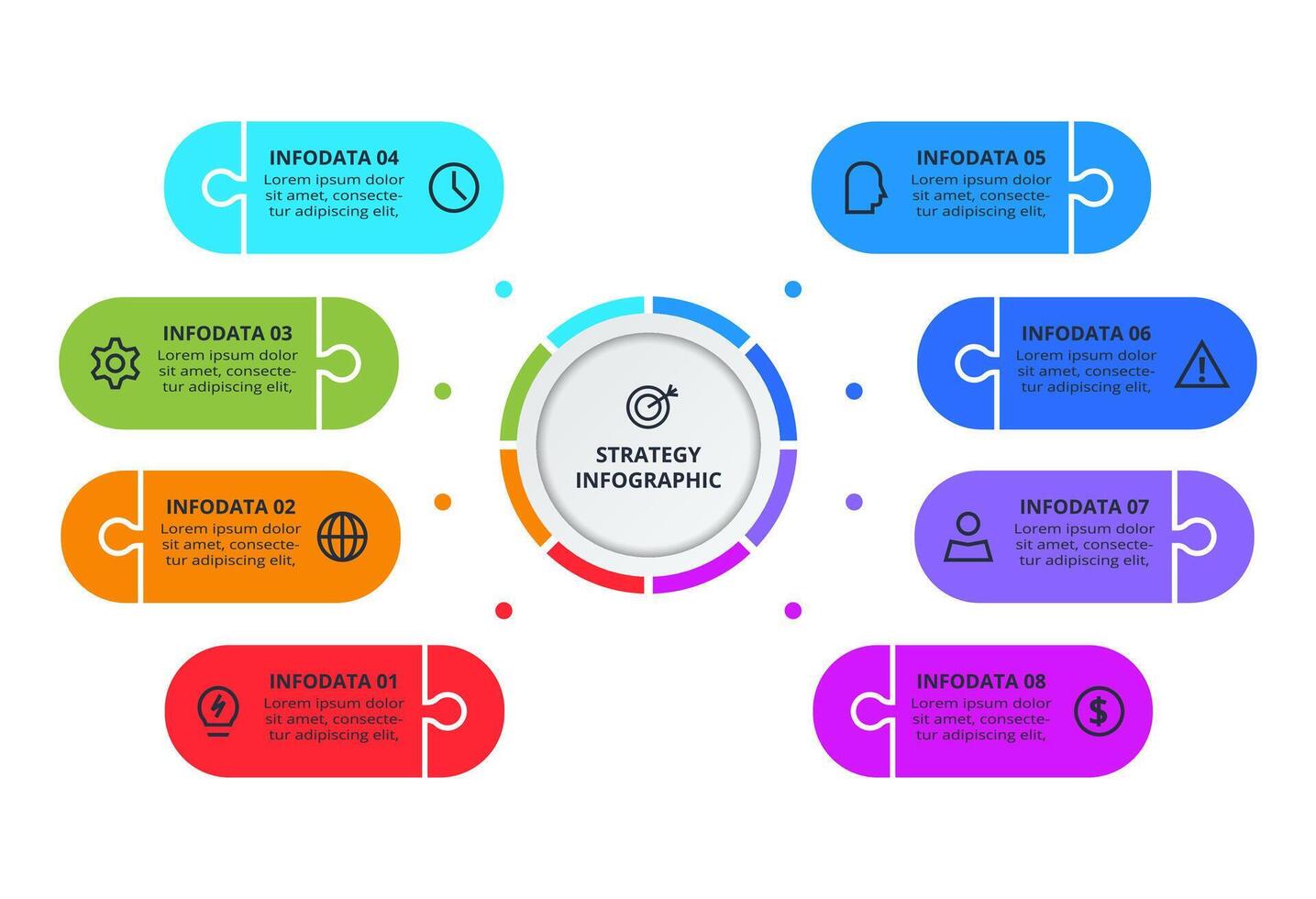 Business data visualization. Process chart. Elements of graph, diagram with 8 steps, options, parts or processes vector