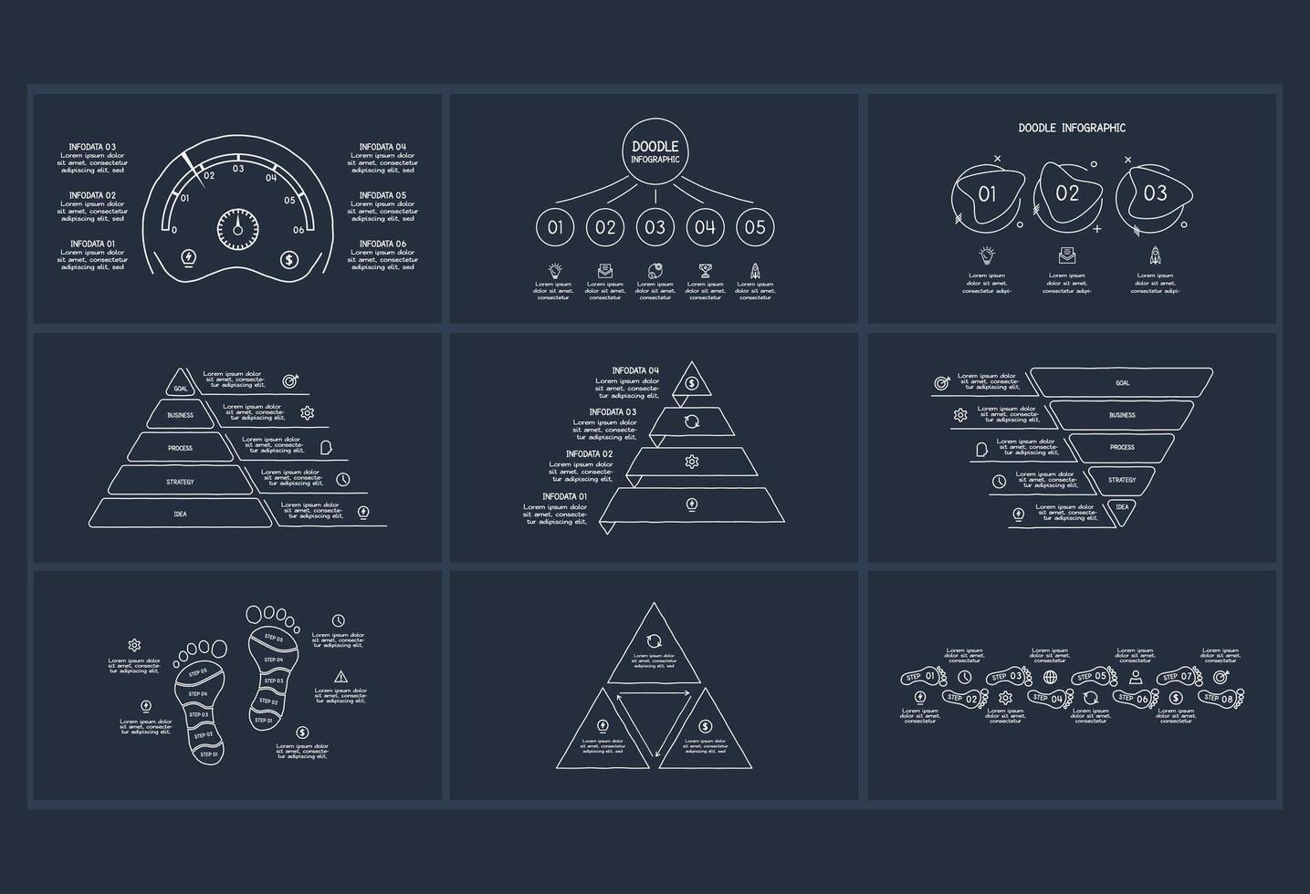 Set Doodle concept for infographic with 3, 5, 6, 8 steps, parts or processes. Template for web on a background. vector