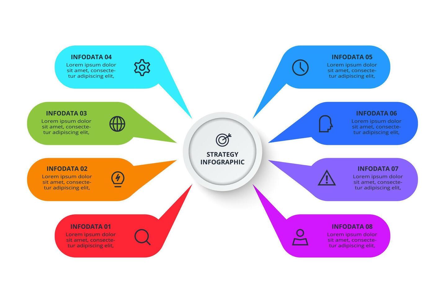 Business data visualization. Process chart. Elements of graph, diagram with 8 options, parts or processes vector