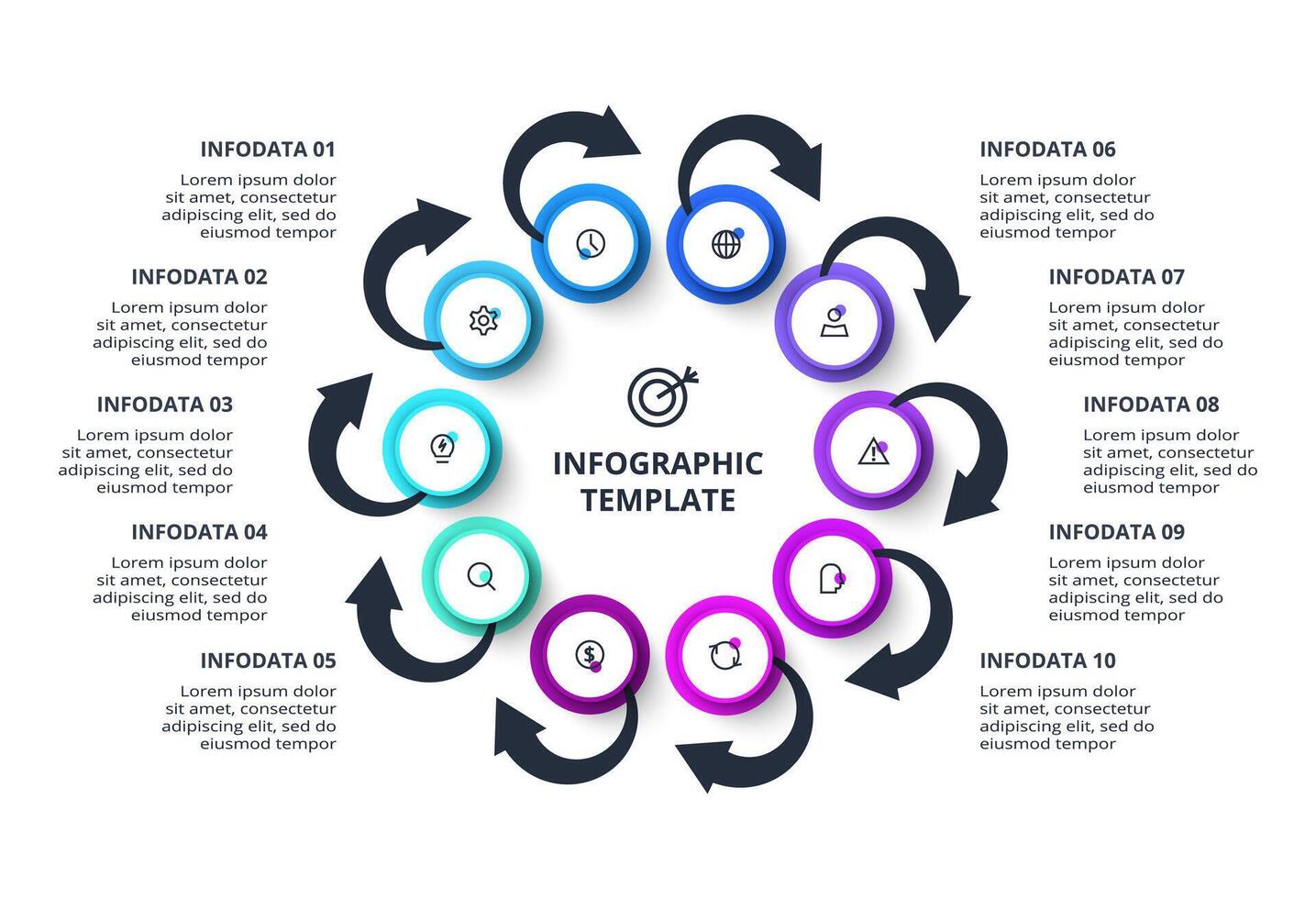 Process chart. Elements of graph, diagram with 10 steps, options, parts or processes vector