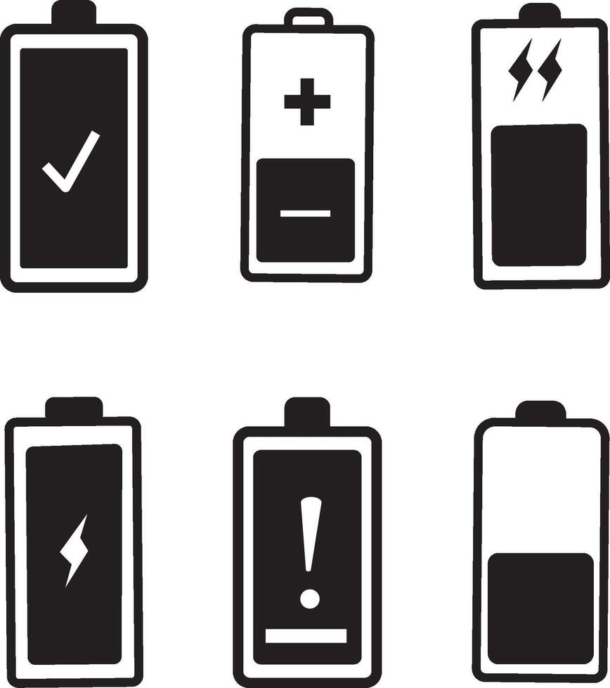 battery charging sign and symbol. battery charge level See less, exclamation, low, plus, minus, tick and full charge signs vector