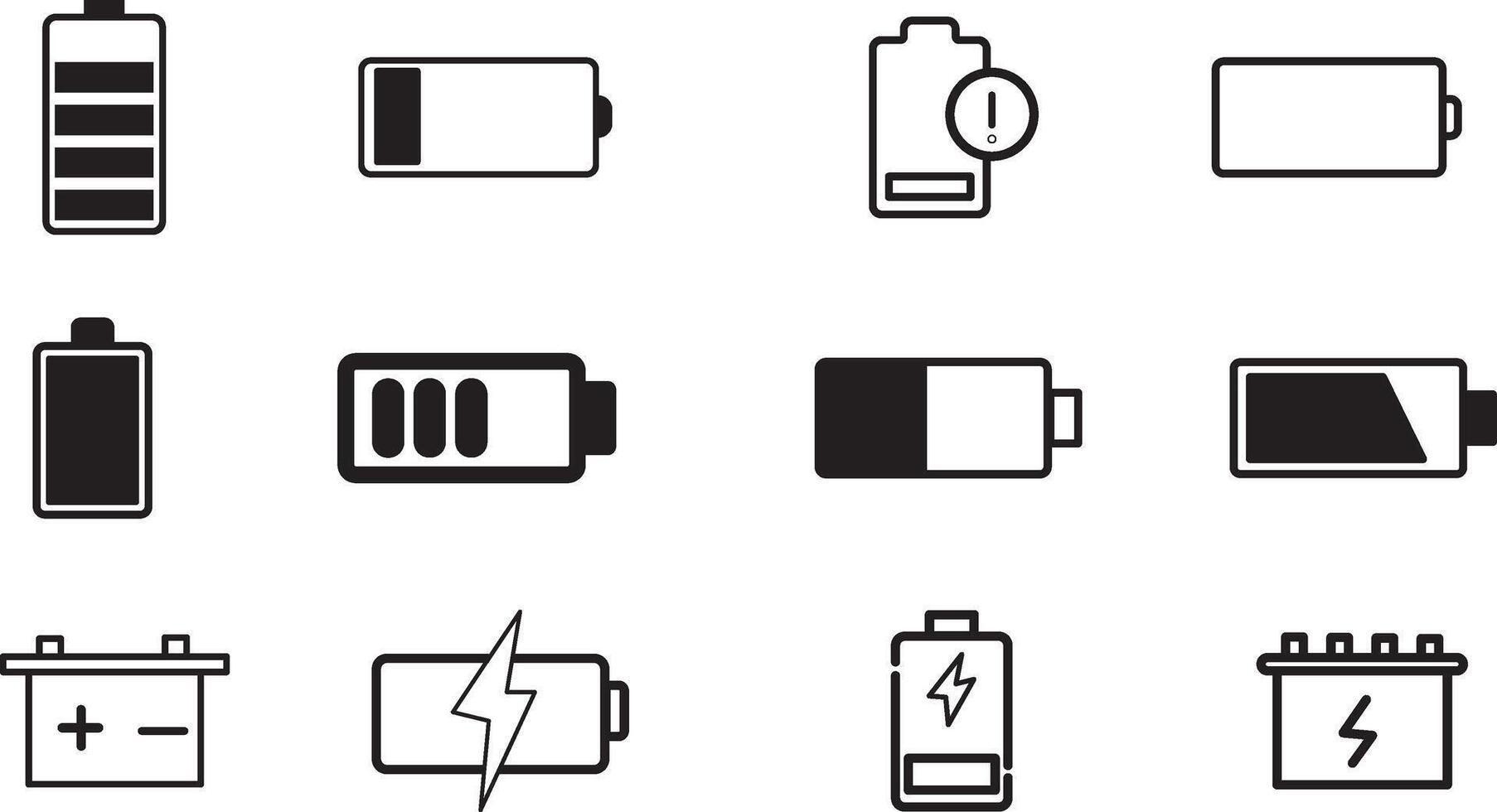 Battery icons set, Battery symbols with fast charging, exclamation, low, plus, minus, tick and full charge signs vector