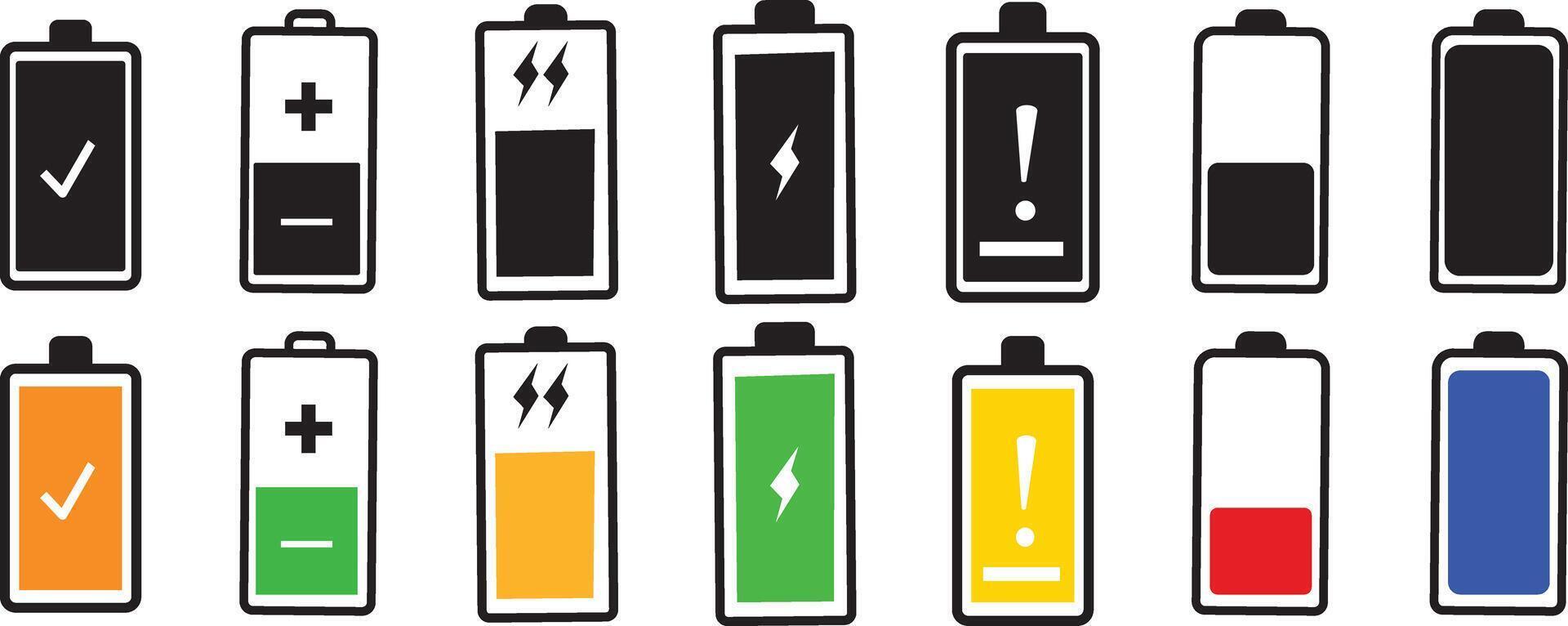 Battery charge indicator icons. Phone charge level, charged and battery vector