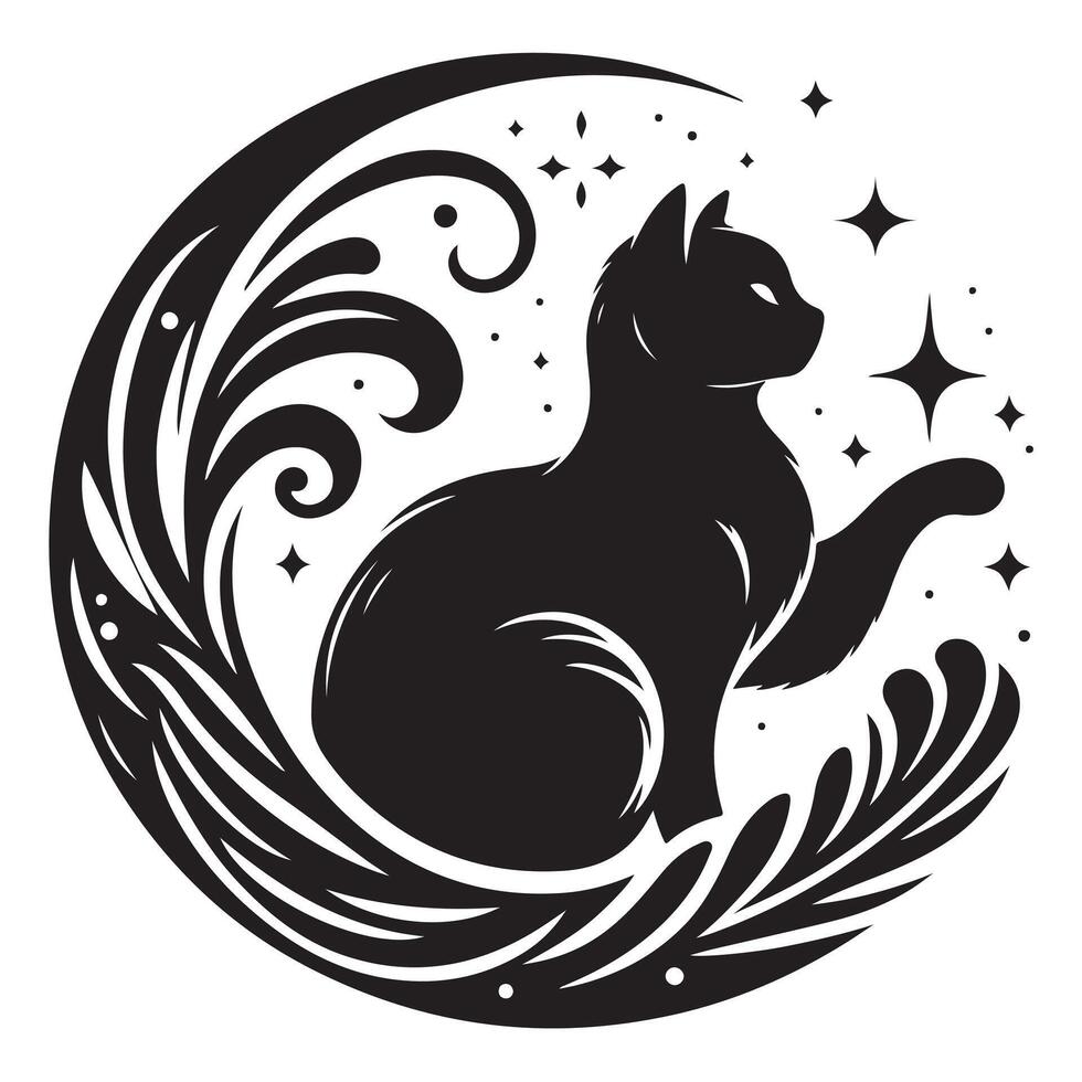 An illustration of a fluffy cat with a white face and a black outline vector