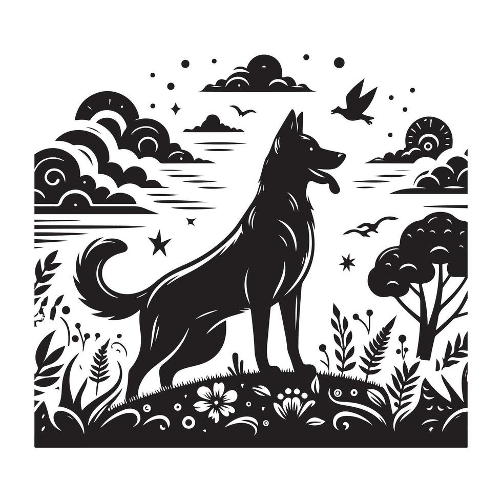A hand-drawn, graphic design of a beagle dog silhouette set on a white background vector