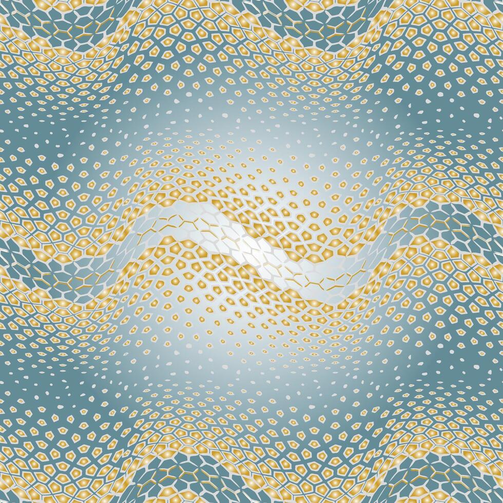 A seamless abstract pattern with gold honeycomb waves on a muted blue green background. Ideal for digital use in textiles, wallpapers, and branding. vector