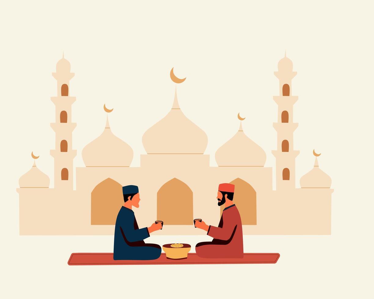 Illustration of two Muslim men breaking their fast near a mosque during Ramadan. This scene reflects spirituality, community gatherings, and the essence of the holy month vector