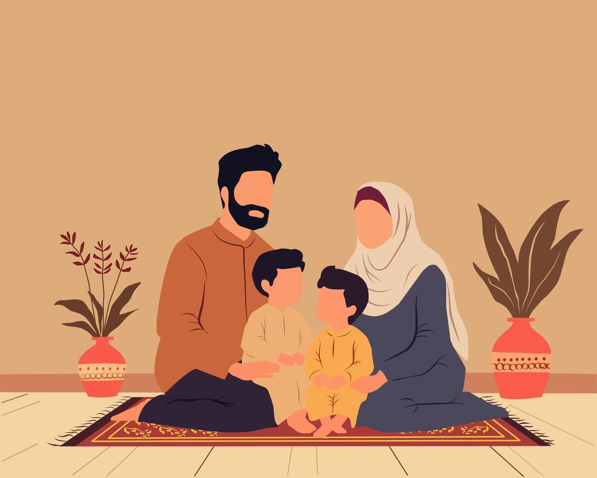 Illustration of a Muslim family gathering during the holy month of Ramadan, symbolizing love, togetherness, and devotion. Perfect for themes related to fasting, prayers, and festive moments vector