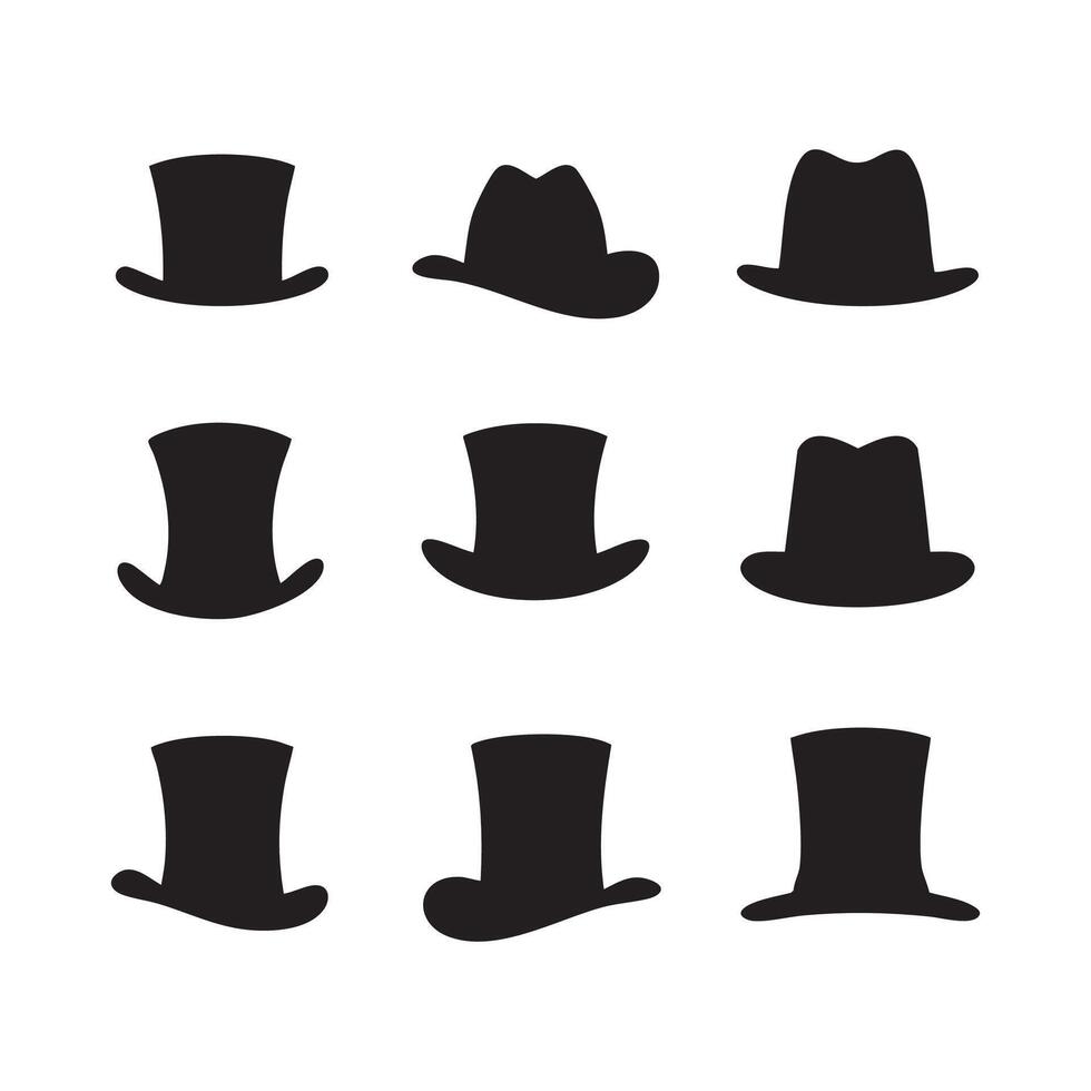 Hand drawn top hat icon set, black silhouette, illustration vector