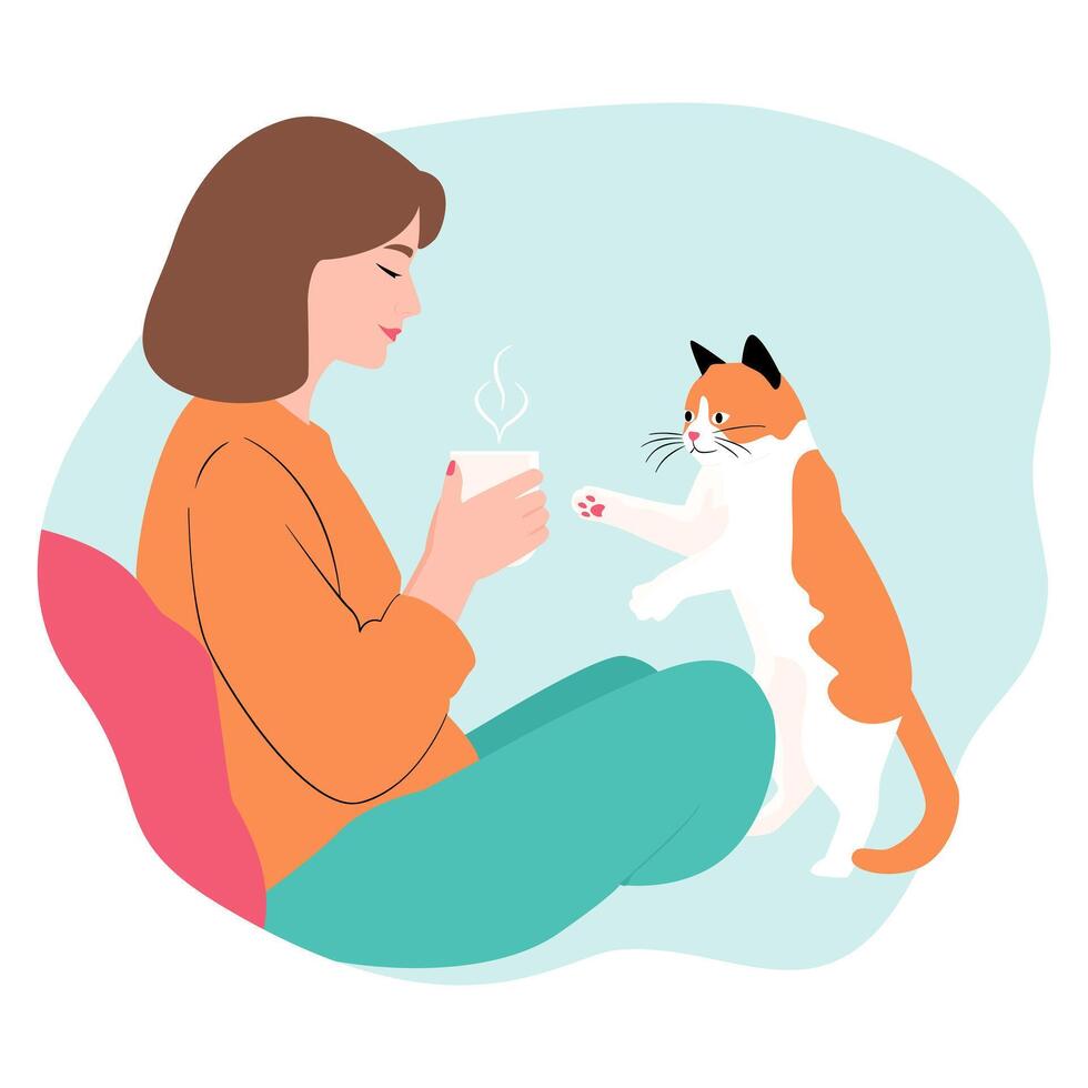 a woman is sitting on the floor with a cat and a cup of tea vector