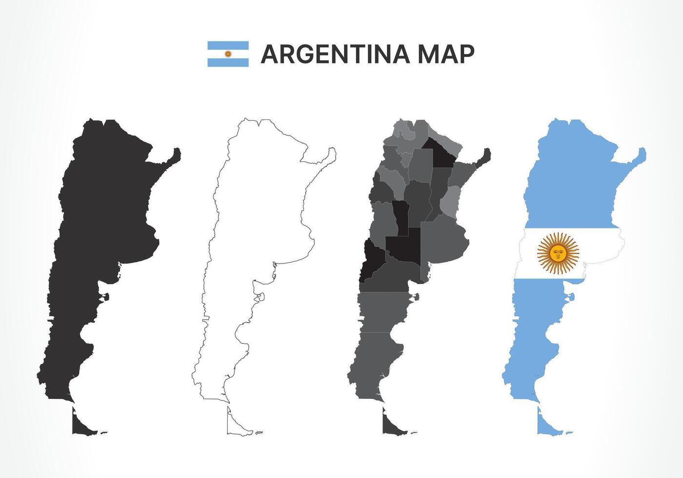 Detailed Argentina Map Collection with Outline, Silhouette, Administrative Divisions, and Flag Overlay Variations vector