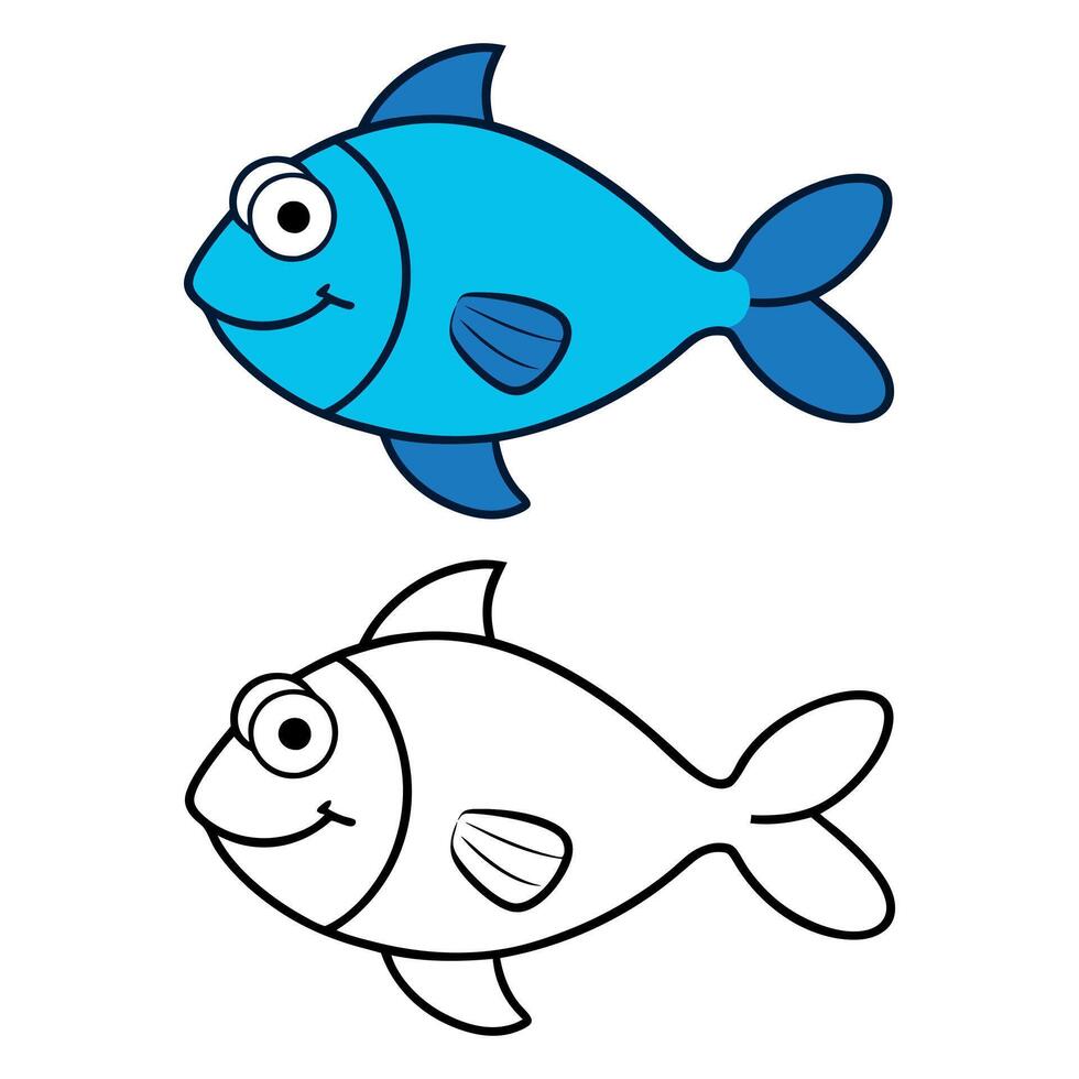 Blue Parrotfish Cartoon Illustration and Line Art vector