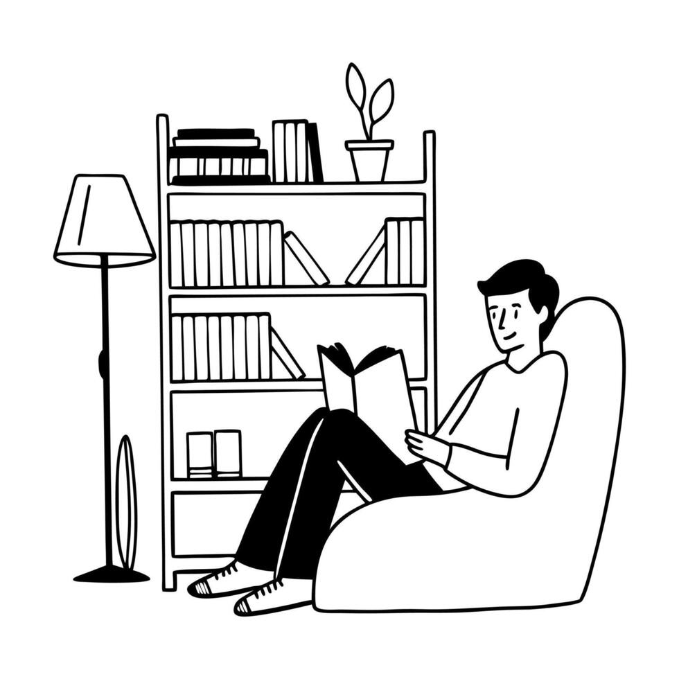 man reading book in bean bag chair illustration vector