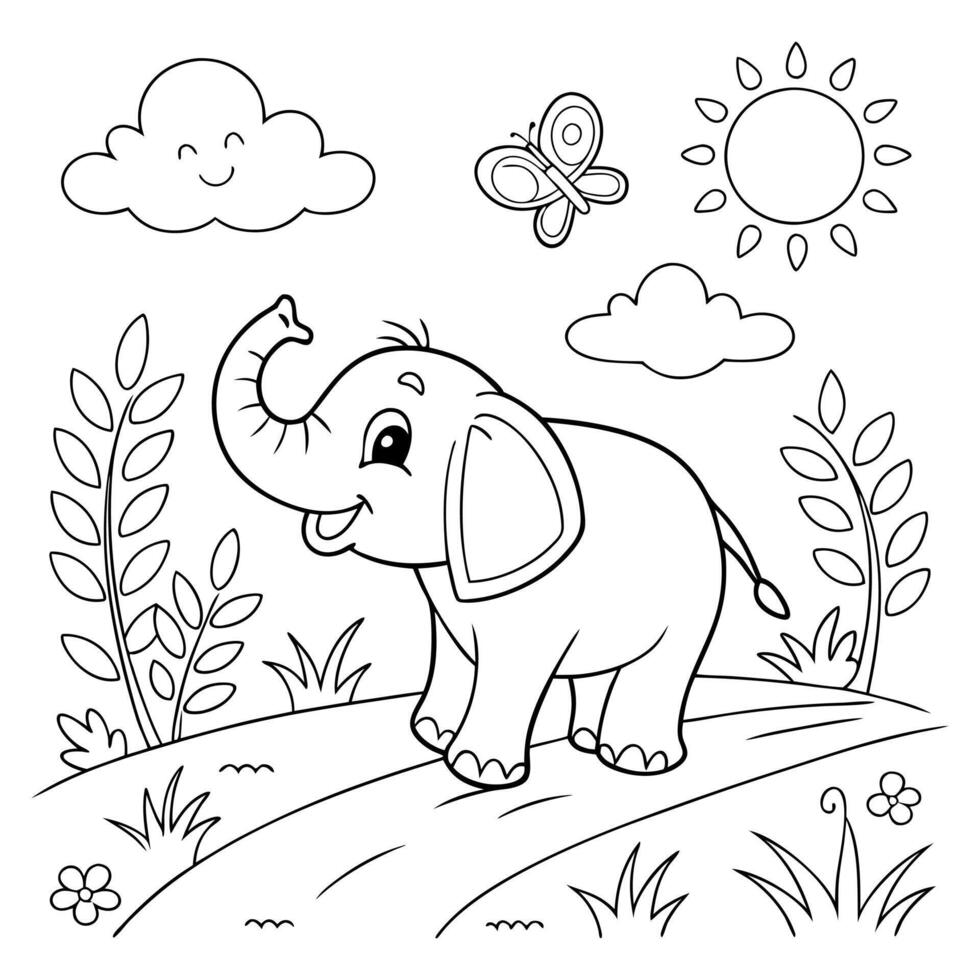 Cheerful Elephant In Nature Coloring Page illustration vector