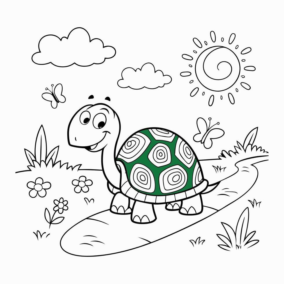 Playful Turtle With Green Pattern Shell Coloring Page Ollustration vector