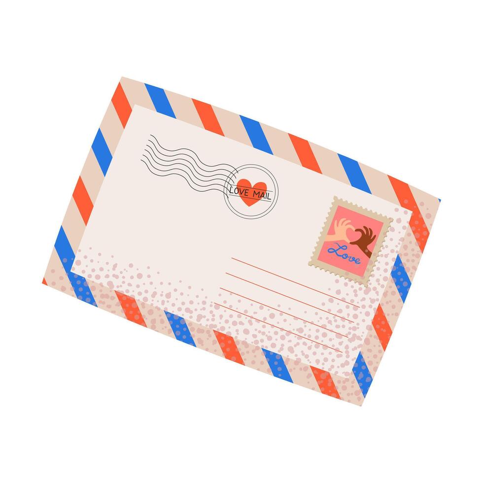 Valentine's day envelope with postage stamp in retro style. Romantic love letter envelope. Flat cartoon illustration on white background for cards, web, social media, and banners. vector