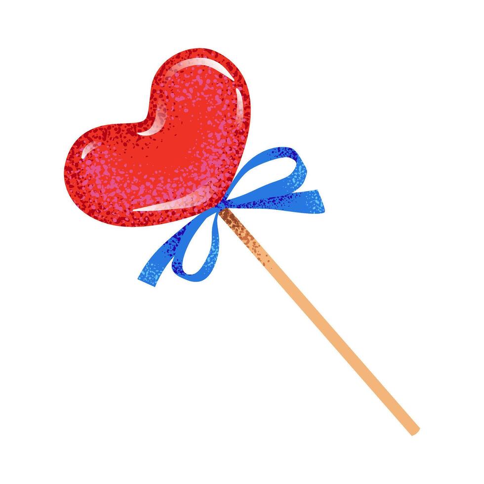 Heart shaped lollipop on the stick with blue ribbon. Romantic love sweet candy for Valentine's Day, New Year, Christmas greeting cards, invitations, web, stickers, and banners. Cartoon illustration. vector
