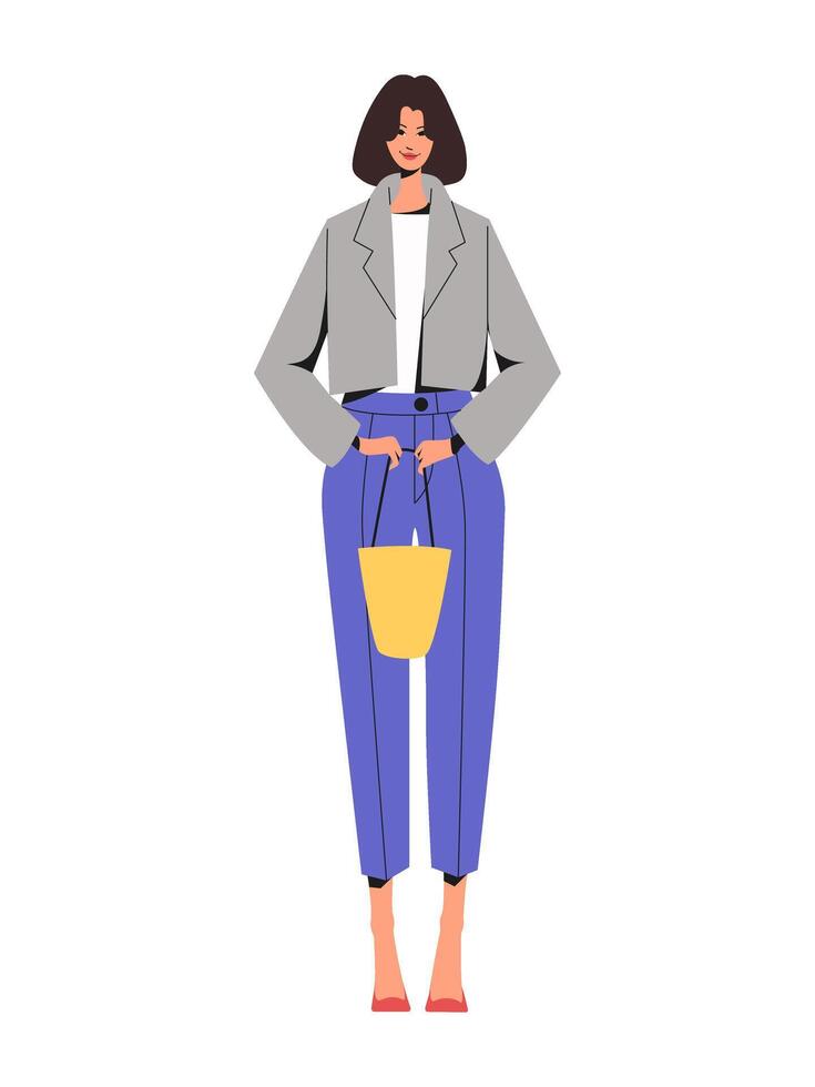 Modern fashion woman wearing stylish clothes. Smiling fashionable woman in pants and jacket. Trendy autumn or spring outfit. Flat illustration isolated on a white background. vector