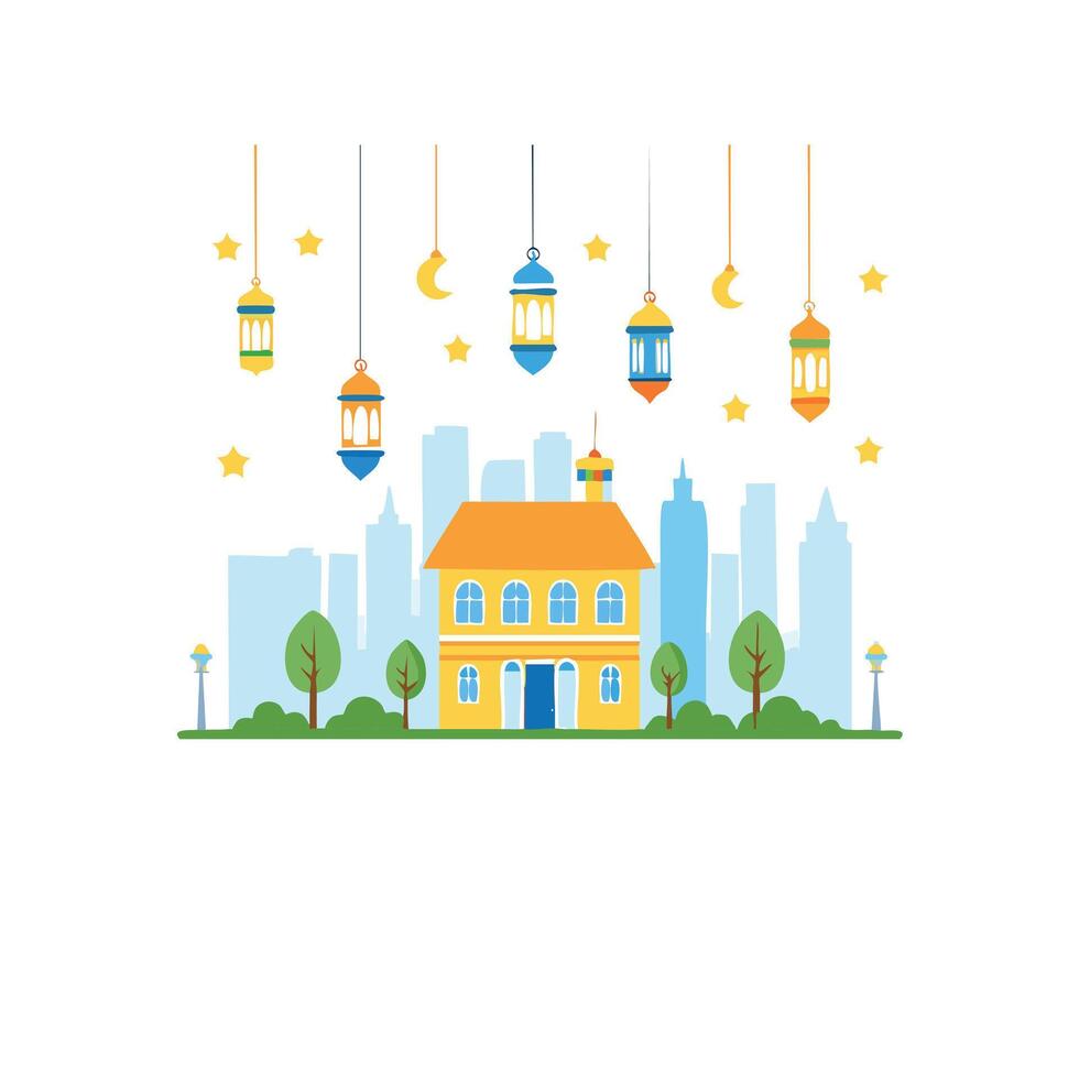 Simple Illustration A village decorated with Ramadan lanterns vector