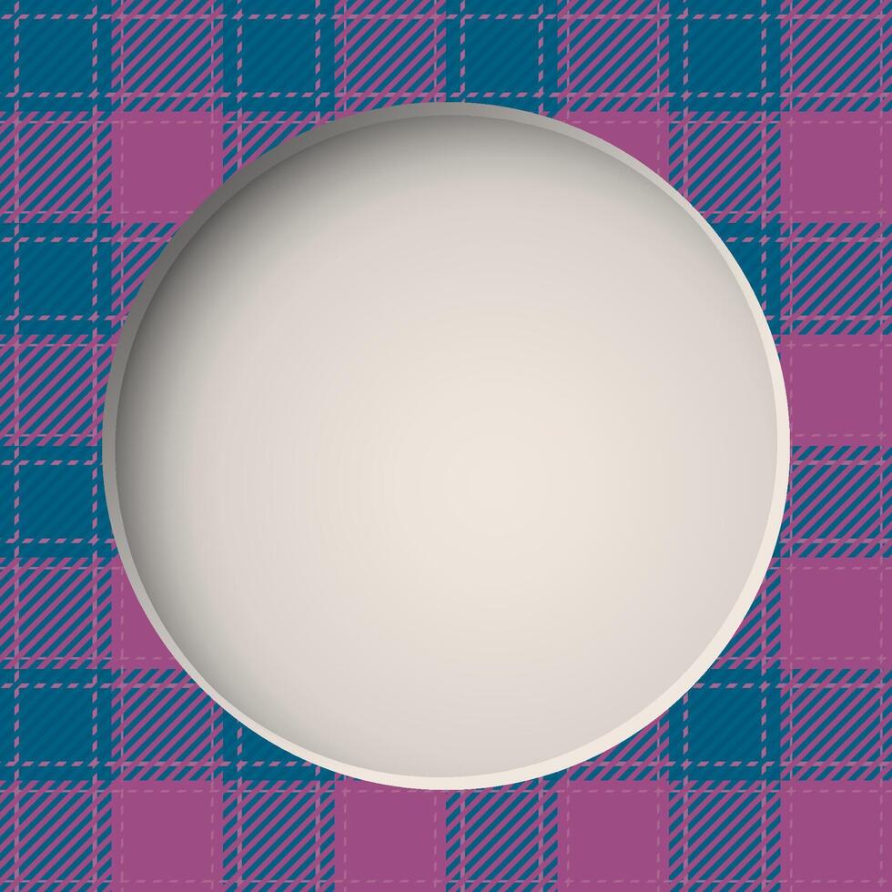 3D blank circle frame paper cut style with tartan plaid pattern pink and blue colors square background graphic illustration. vector