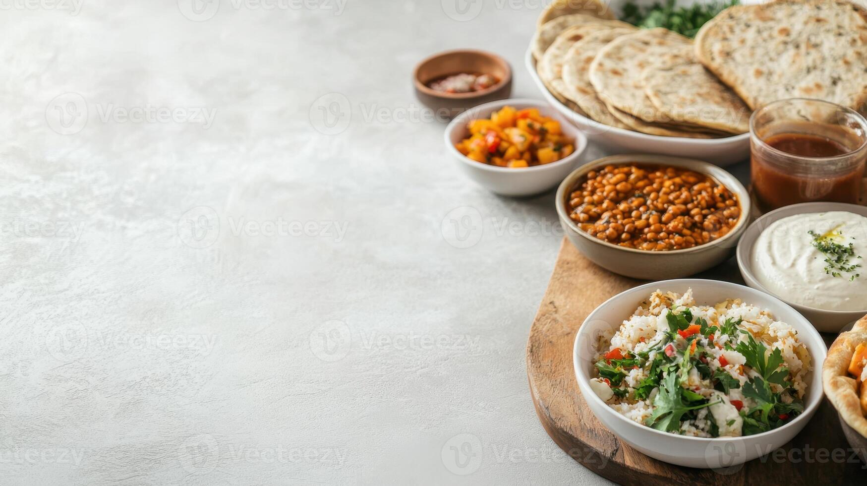Traditional dishes, including rice, lentils, flatbread photo
